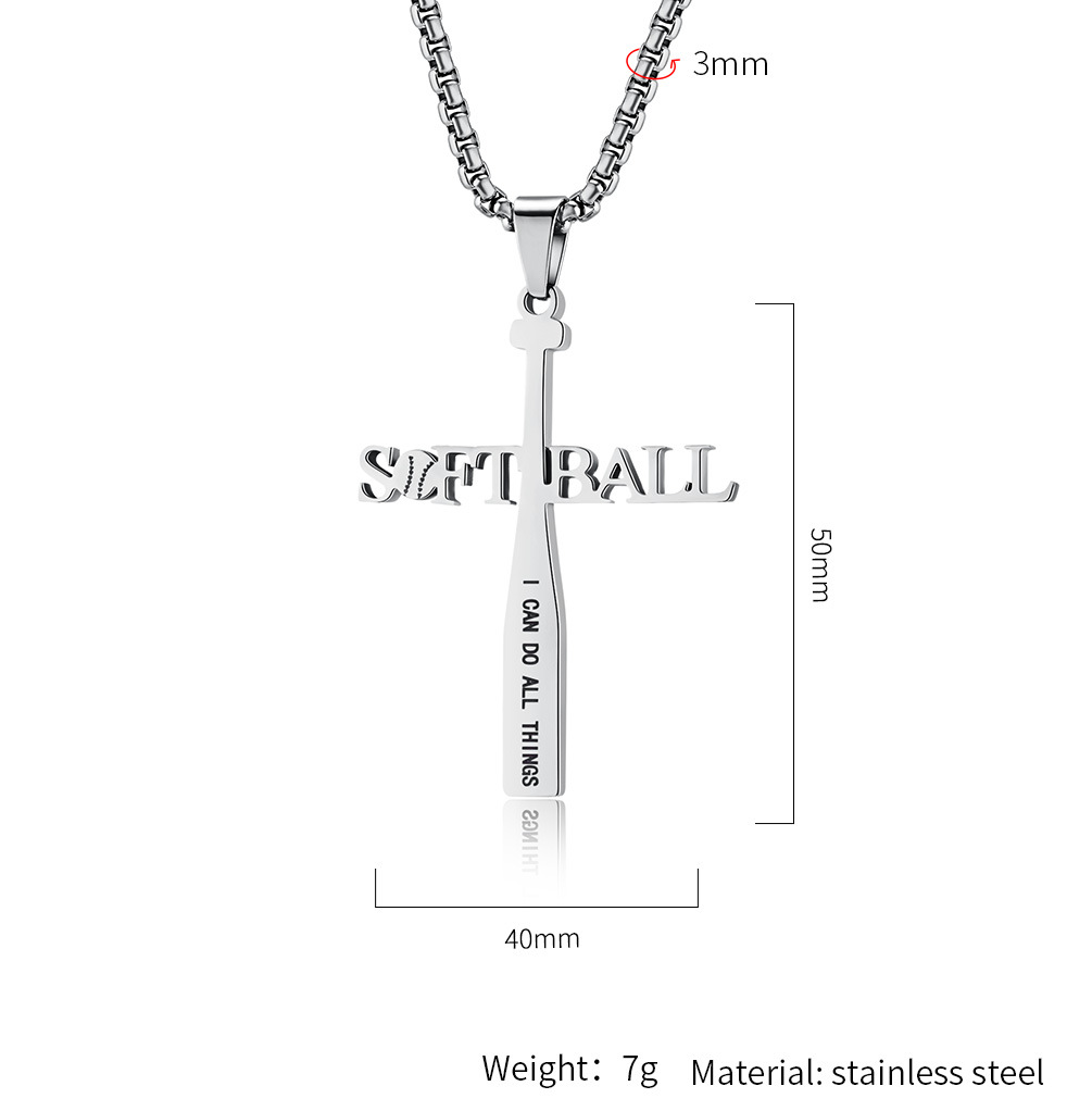 Kemstone Softball Cross Pendant Necklace for Men Stainless Steel Baseball Letter Detail K-PT512