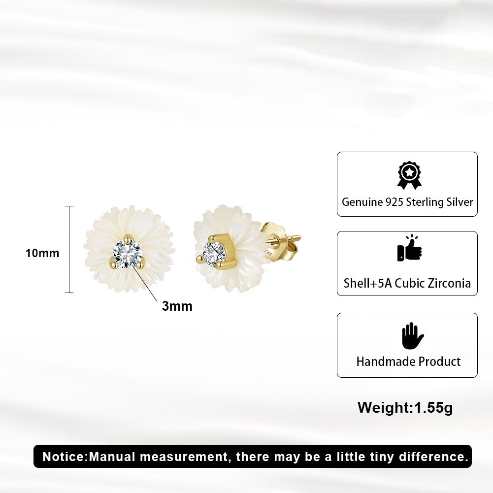 Kemstone Shell Flower Stud Earrings for Women – 925 Sterling Silver with Cubic Zirconia PSE10