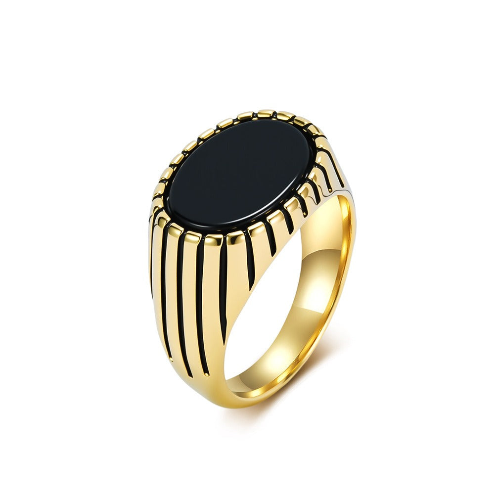 Kemstone Stainless Steel Black Stone Signet Ring for Men Vintage Oval K-R1177