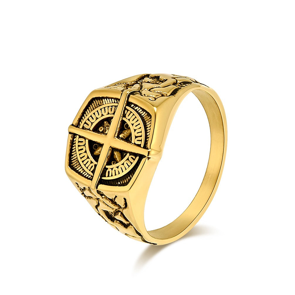 Kemstone Nautical Compass Stainless Steel Signet Ring for Men – Vintage Cross Dial Design K-R853