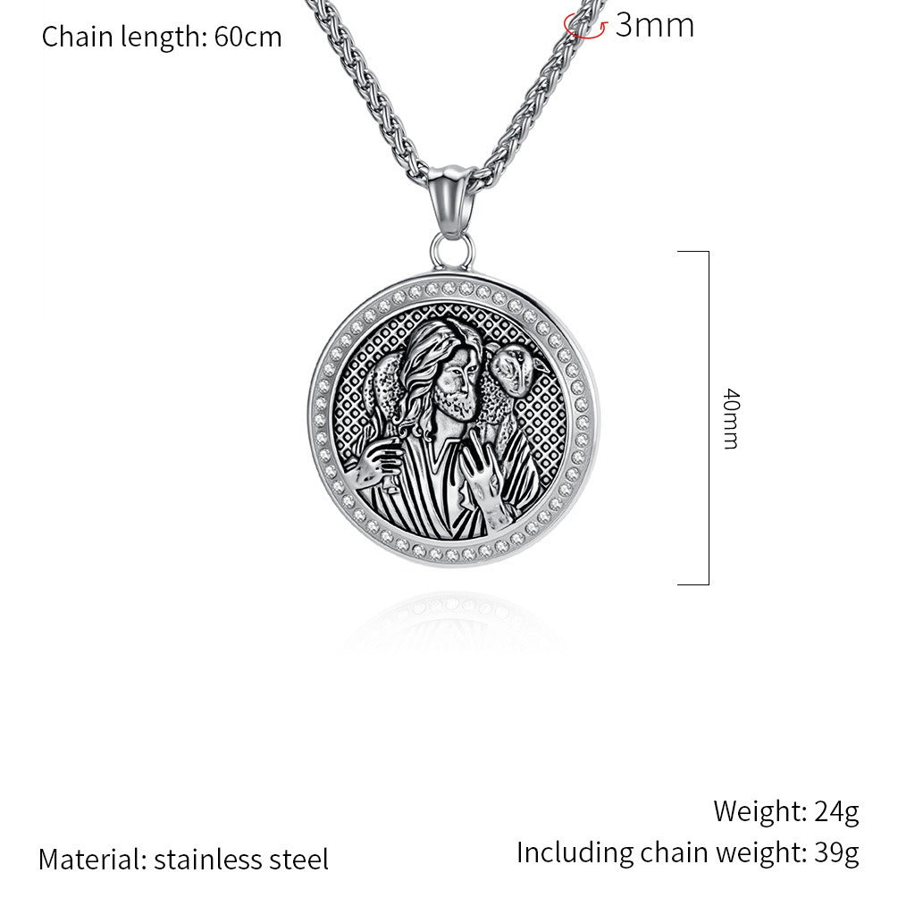 Kemstone Stainless Steel Guardian Figure Relief Pendant Necklace – Vintage Medallion Style K-PT688