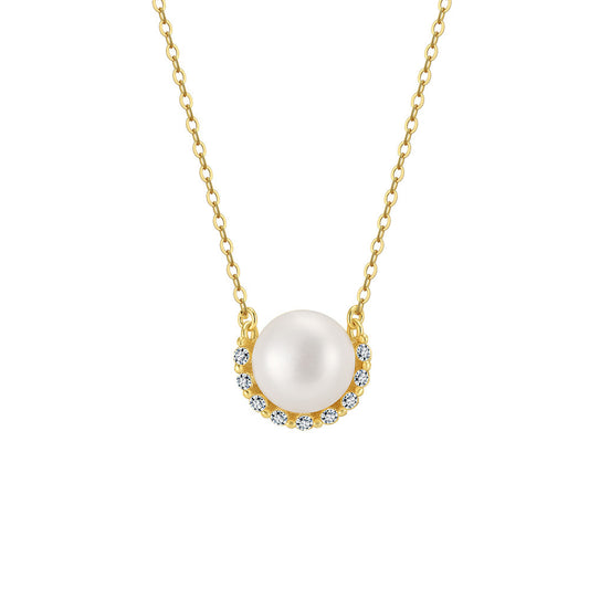 Kemstone 925 Sterling Silver Freshwater Pearl Pendant Necklace – 7.5–8mm Pearl Smile Necklace for Women, Gold & Silver Dainty Jewelry Gift A4-GPN87