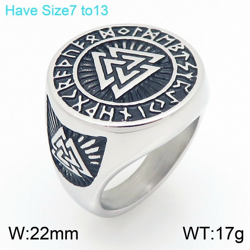 Kemstone Viking Rune Signet Ring for Men Titanium Steel Compass Celtic Knot Wide Band Silver Gold KR114478-MZOZ
