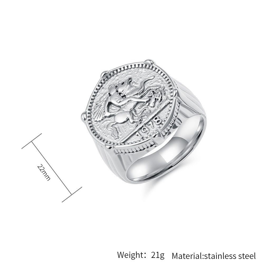 Kemstone Figure Relief Signet Ring for Men Stainless Steel Vintage Engraved K-R996