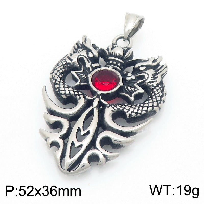 Kemstone Vintage Double Dragon Pendant Necklace Titanium Steel Sword with Cubic Zirconia for Men KP117722-LU