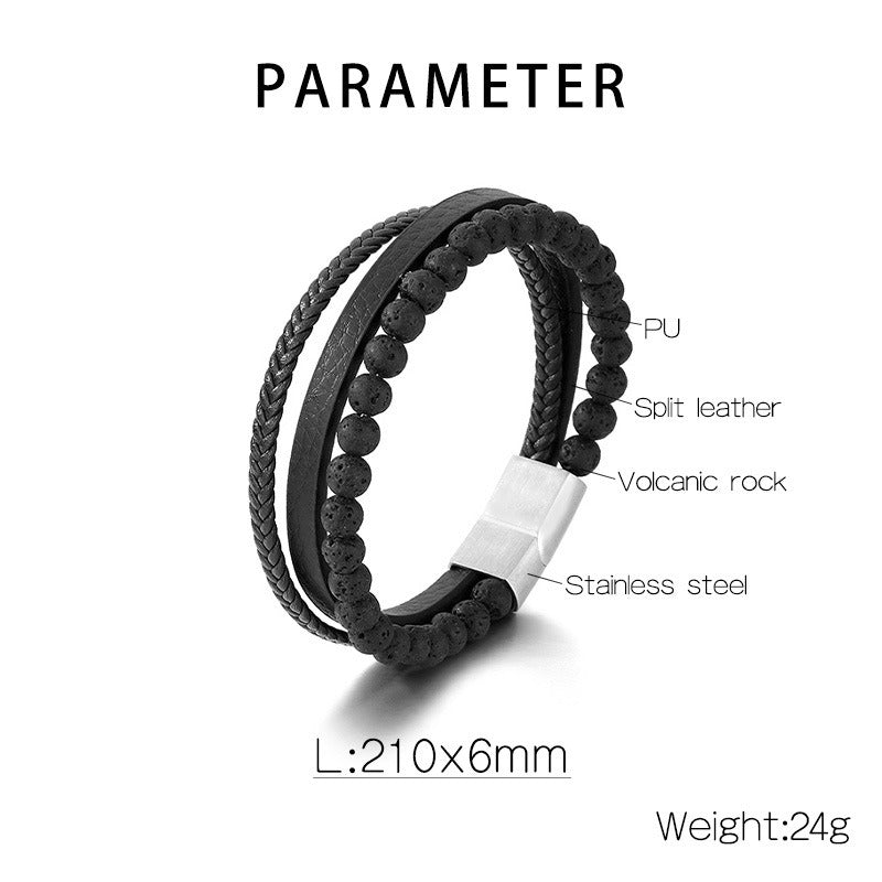 Kemstone Volcanic Rock Bracelet for Men Leather Stainless Steel Multi Layer KB180736-JR