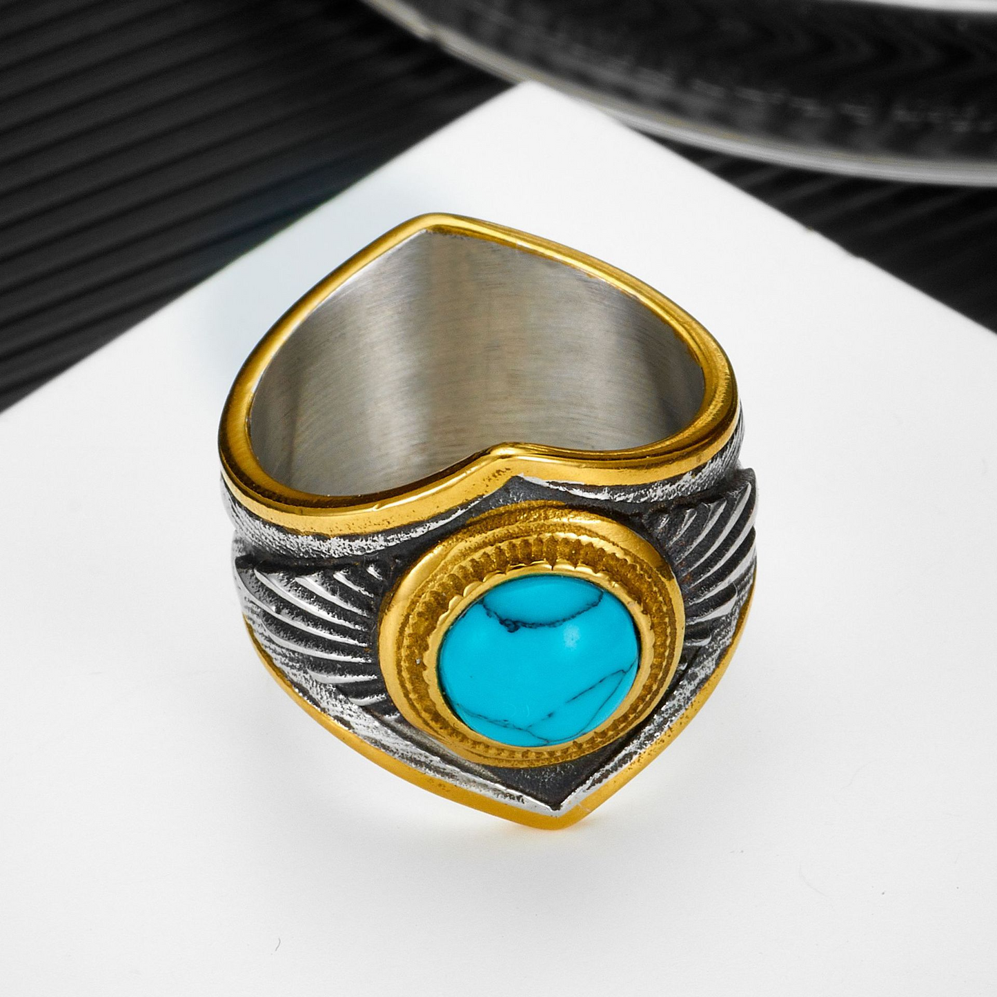 Kemston Turquoise Ring for Men Titanium Steel Feather Texture Vintage Stone R1530
