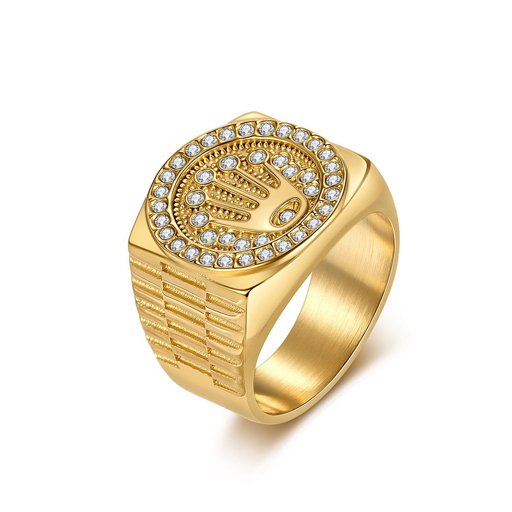 Kemston Crown Signet Ring for Men Stainless Steel Hip Hop Iced Out Band K-R1080