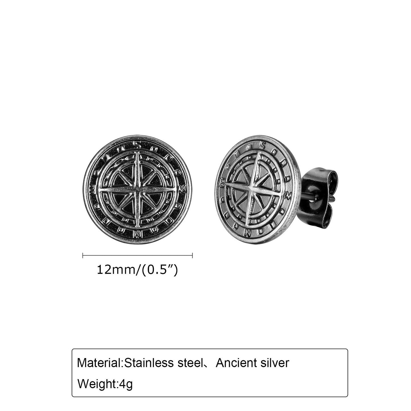 Kemstone Men’s Stainless Steel Compass Stud Earrings – Vintage Hip Hop Gold Silver Black ES-505