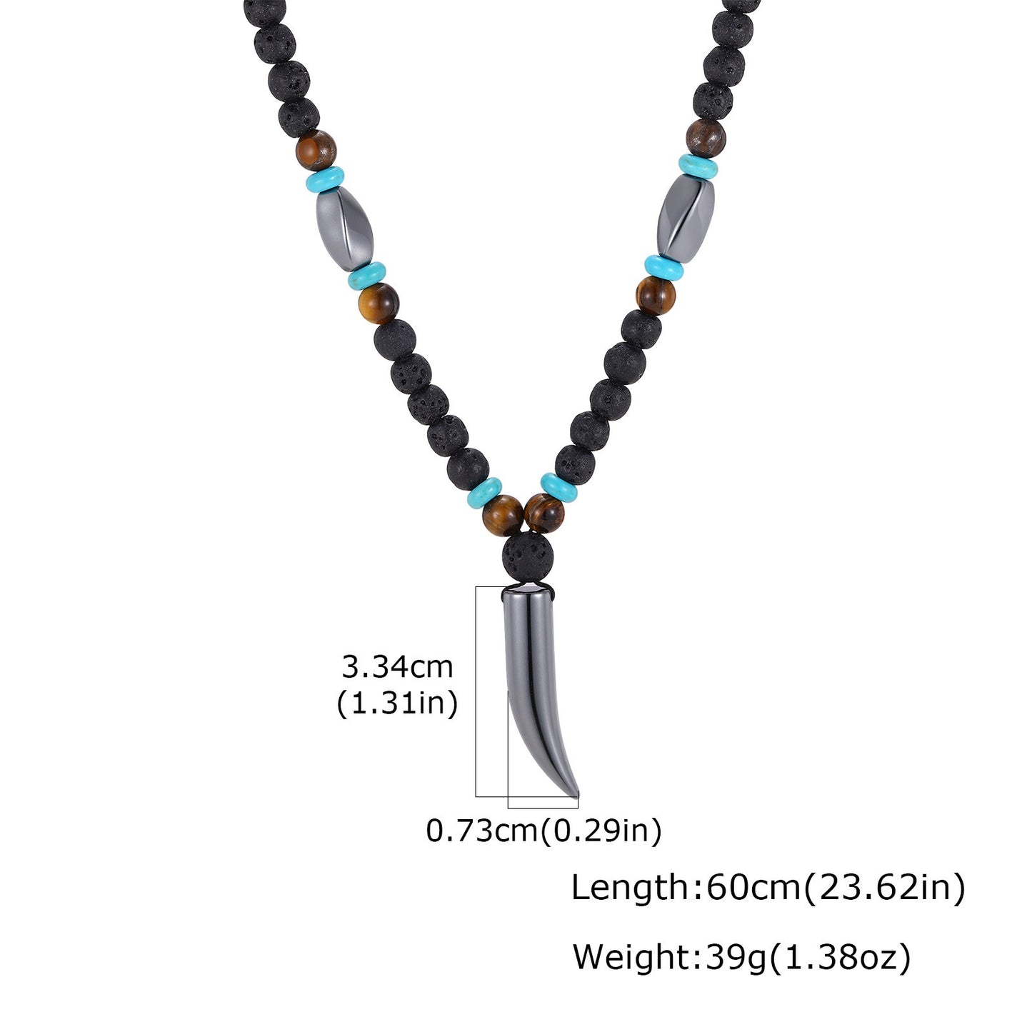 Kemston Wolf Fang Pendant Necklace for Men Stainless Steel Lava Stone Beaded NC-3019