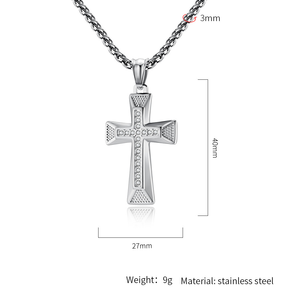 Kemstone Geometric Cross Pendant Necklace for Men Stainless Steel Stone Detail K-PT506