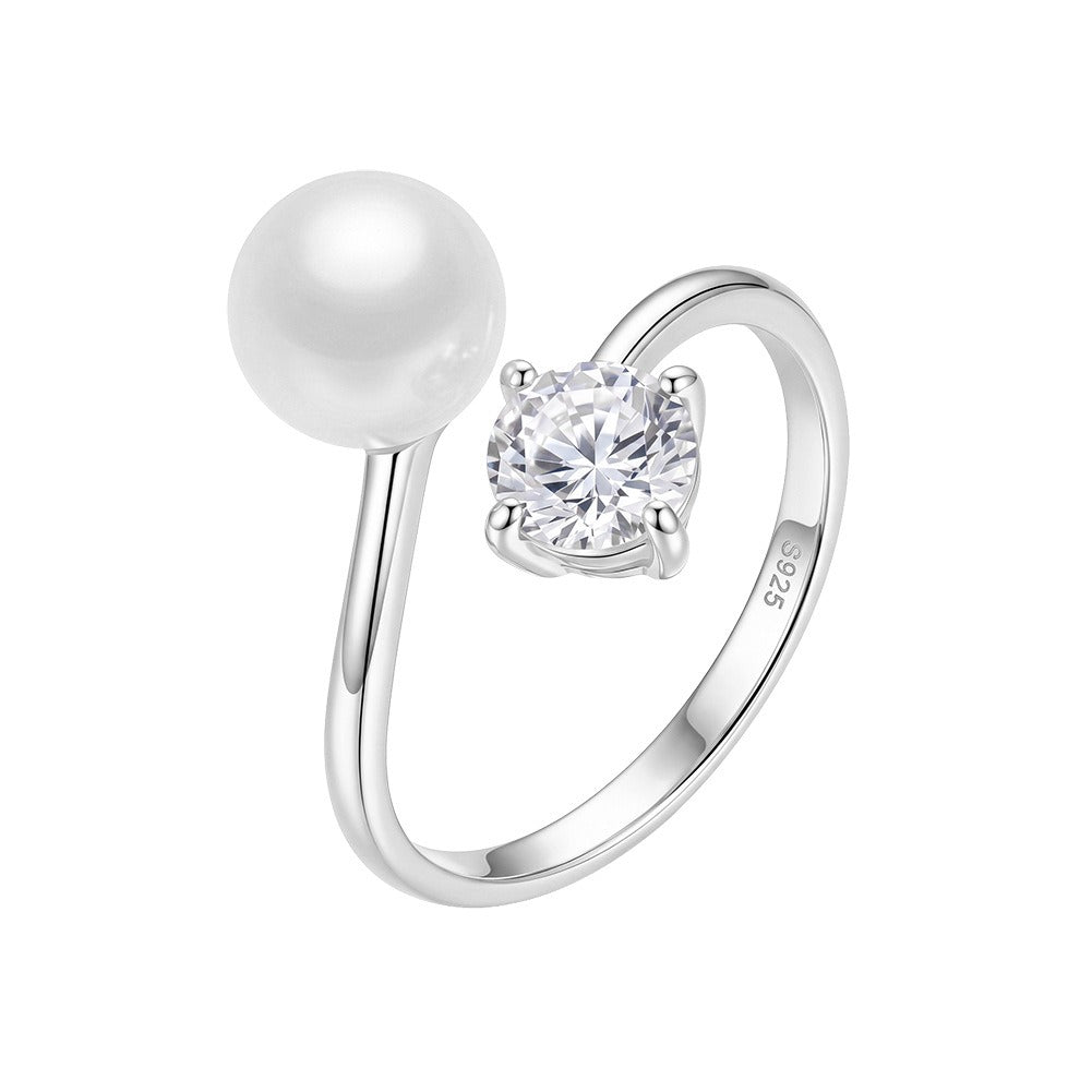 Kemstone Pearl Open Ring for Women 925 Sterling Silver Cubic Zirconia PSR01