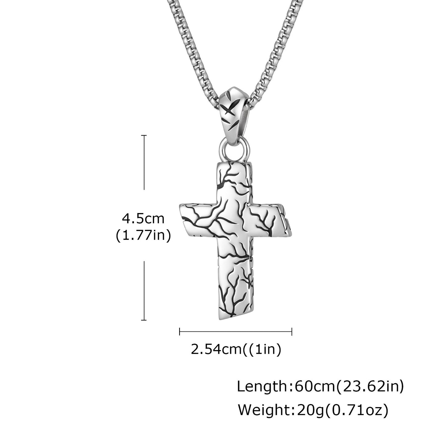 Kemston Cracked Texture Cross Pendant Necklace for Men Stainless Steel Vintage Silver Design PN-2420