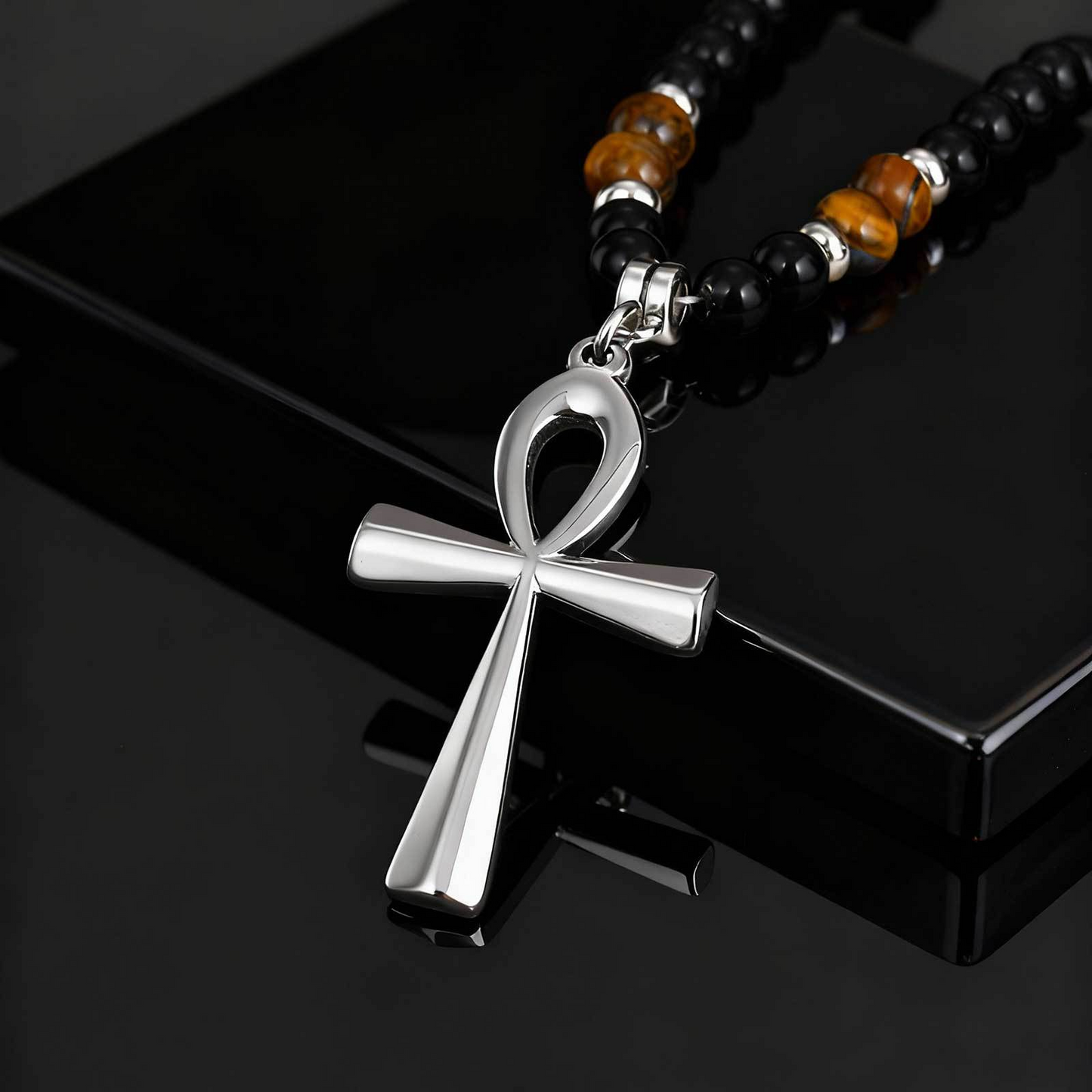 Kemstone Stainless Steel Ankh Cross Tiger Eye Beaded Necklace for Men NC-1700