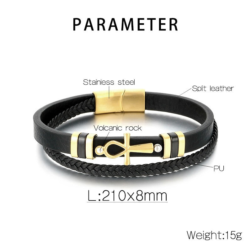 Kemstone Layered Leather Bracelet for Men Stainless Steel Cross Detail KB180738-JR