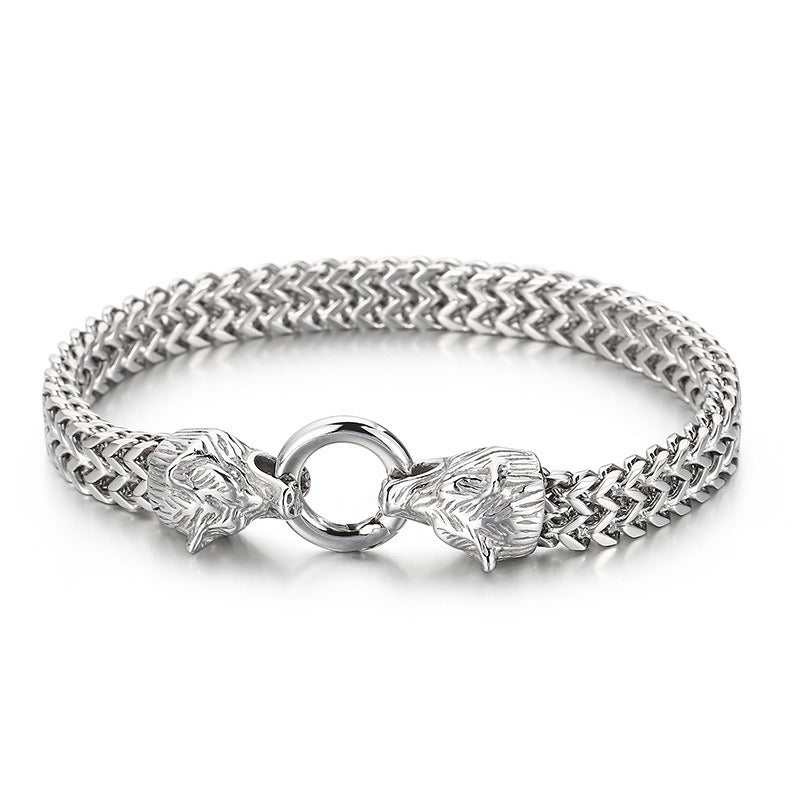 Kemstone Double Wolf Head Bracelet – Titanium Steel Braided Chain Hip Hop Style for Men KB151774-KFC