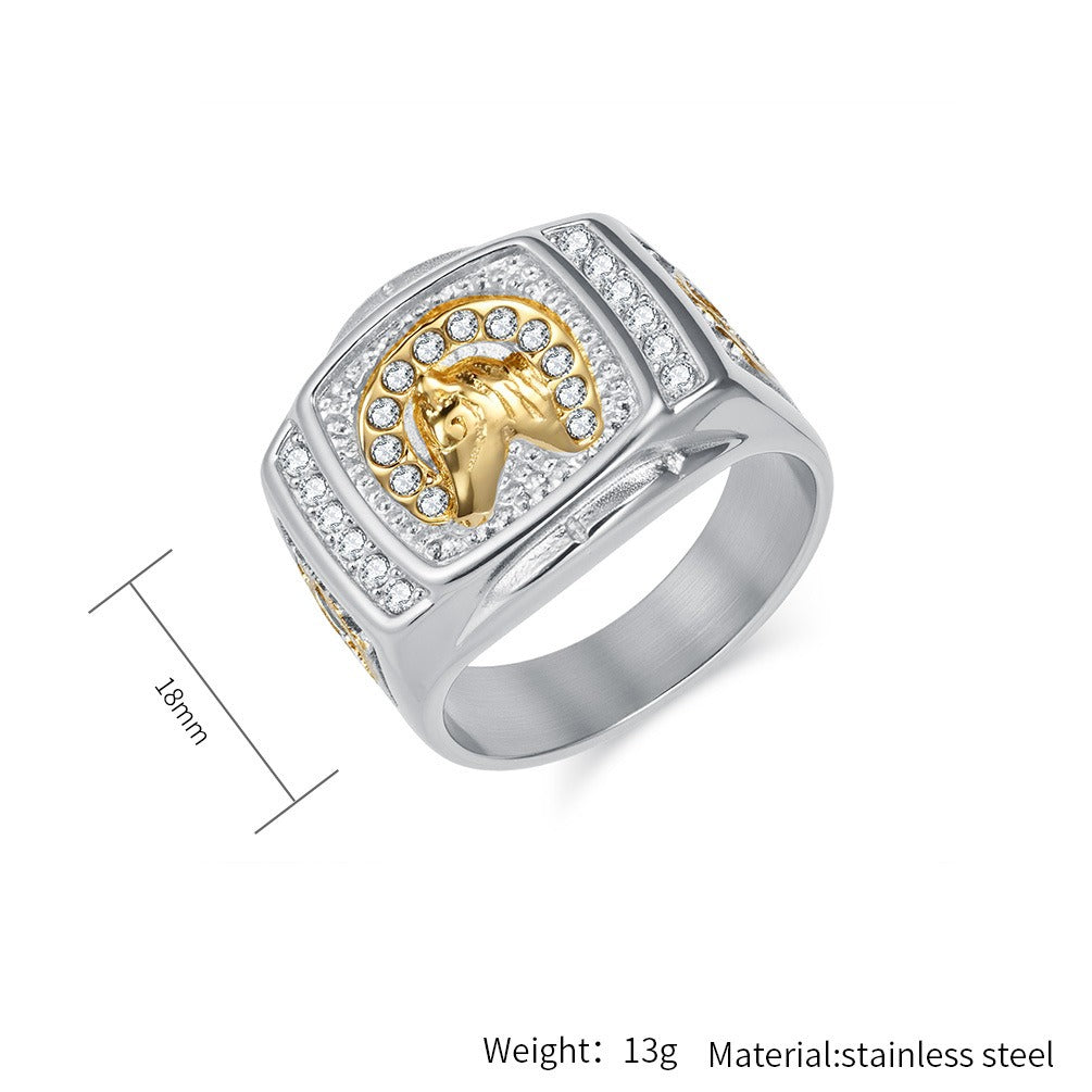 Kemstone Stainless Steel Horse Head Signet Ring for Men with Cubic Zirconia K-R1011