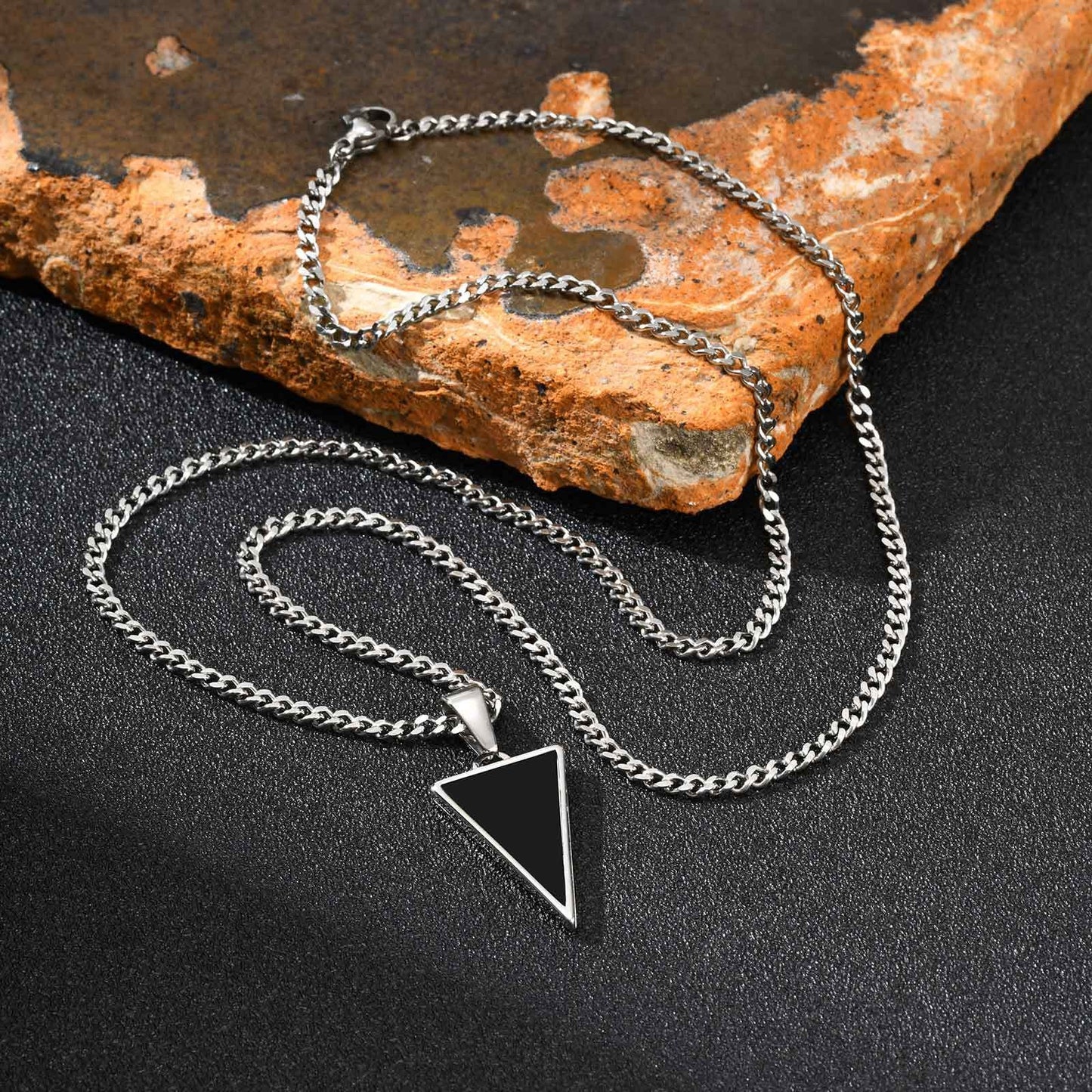 Kemstone Men’s Black Onyx Triangle Necklace – Stainless Steel Modern Pendant PN-2201