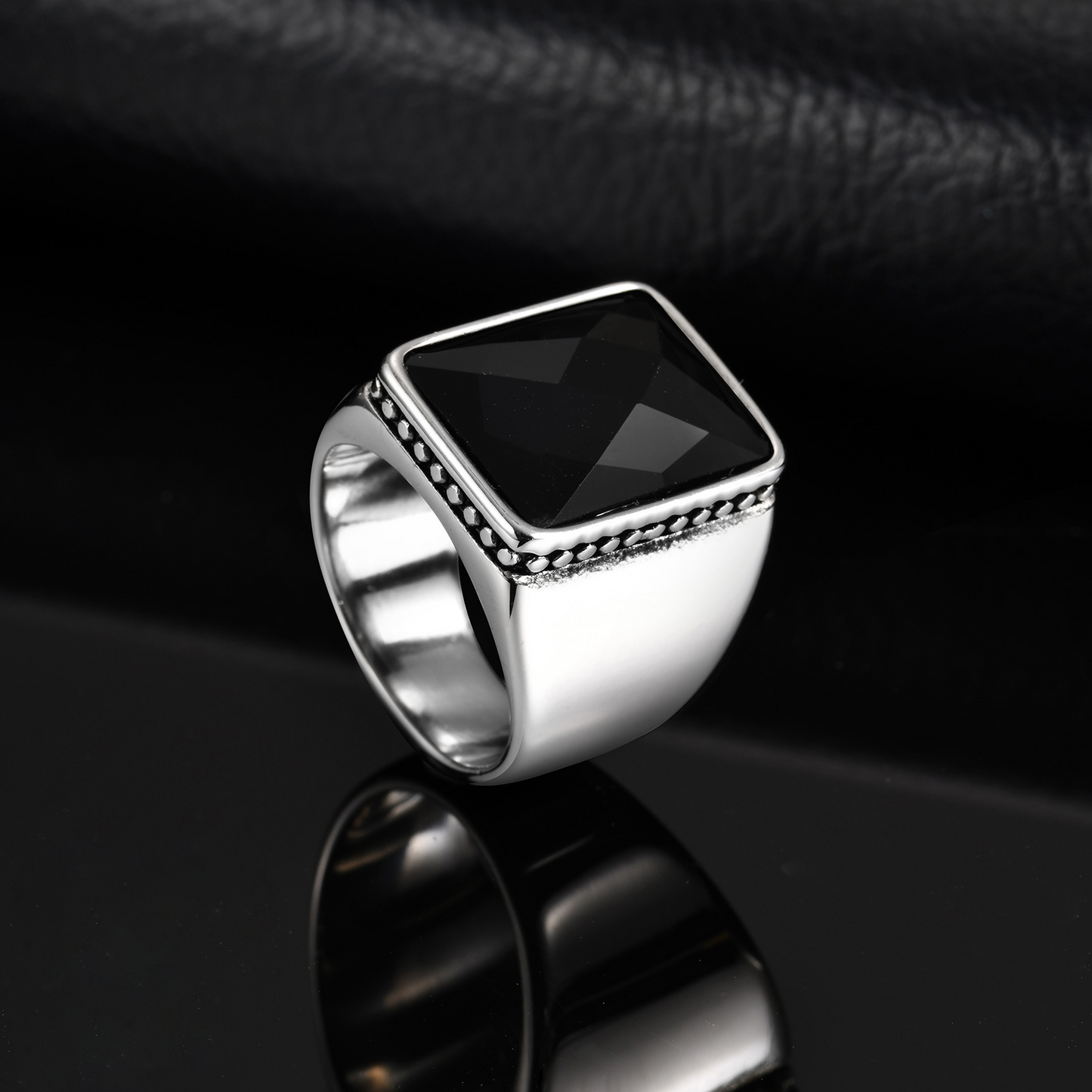 Kemstone Men’s Stainless Steel Ring – Faceted Black Glass Square Signet RC-923