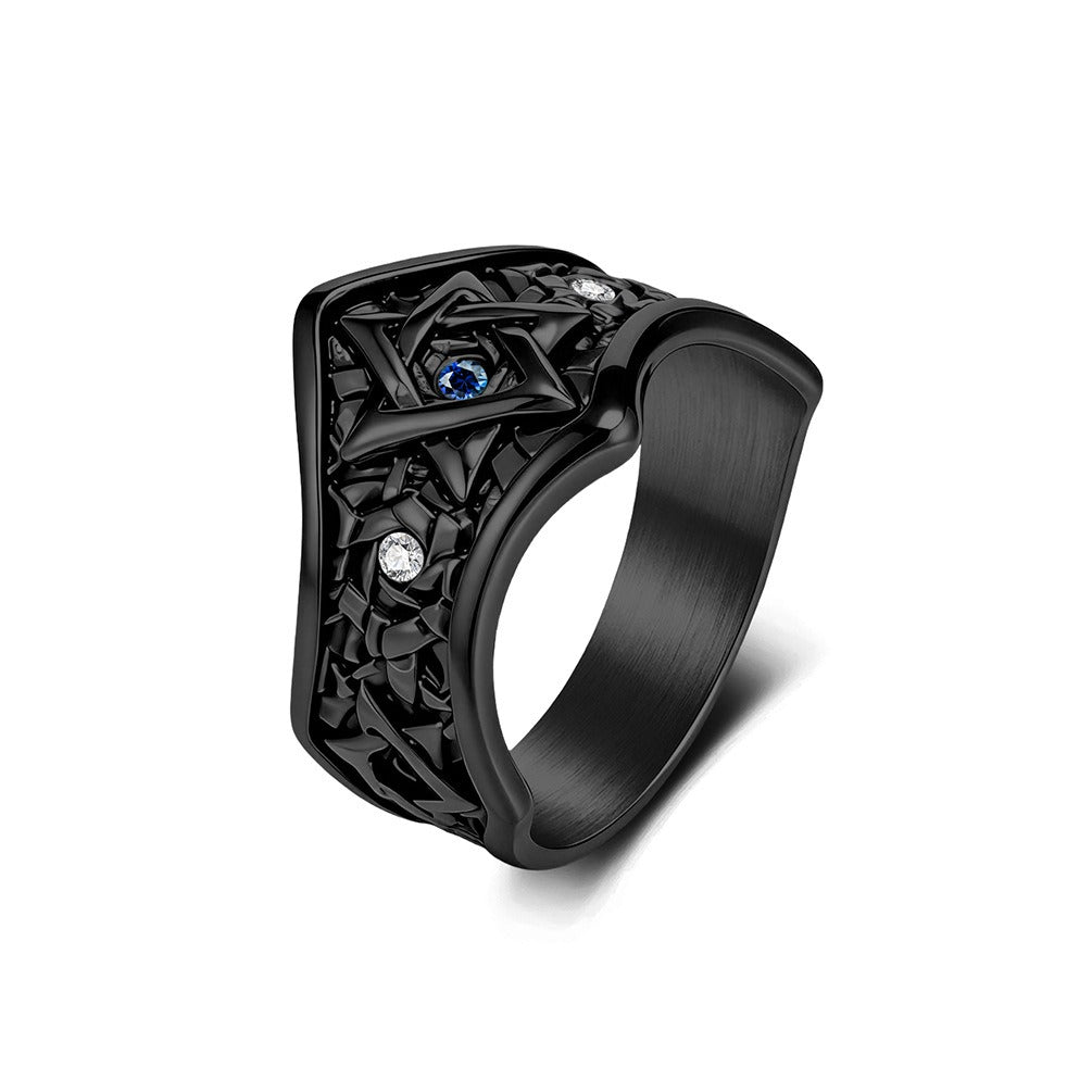 Kemstone Stainless Steel Hexagram Signet Ring for Men Cubic Zirconia Silver Gold Black K-R1152