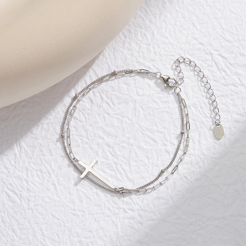 Kemstone 925 Sterling Silver Cross Bracelet for Women Layered Chain Gold Silver SB197