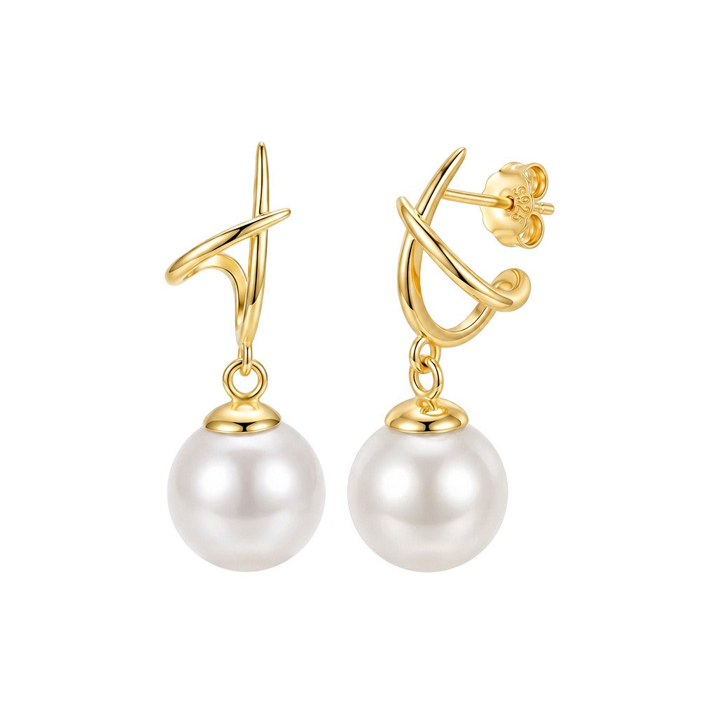 Kemstone Pearl Drop Earrings for Women 925 Sterling Silver Curved Line Design PSE14