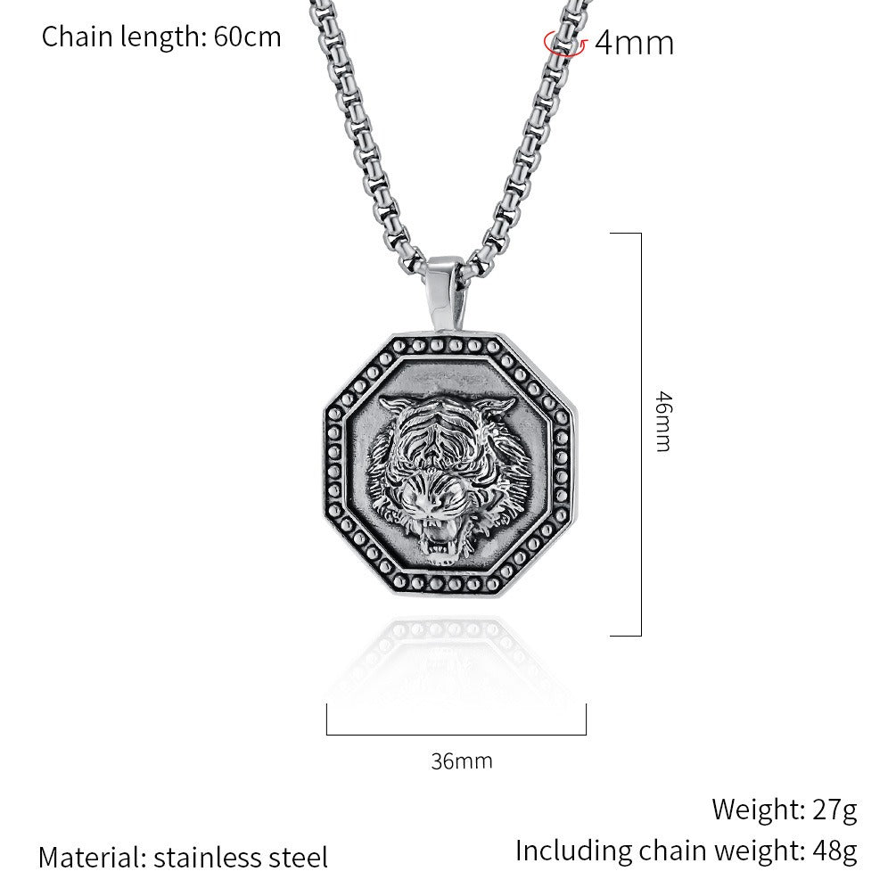 Kemstone Stainless Steel Tiger Head Pendant Necklace for Men – Octagonal Vintage Design K-PT572