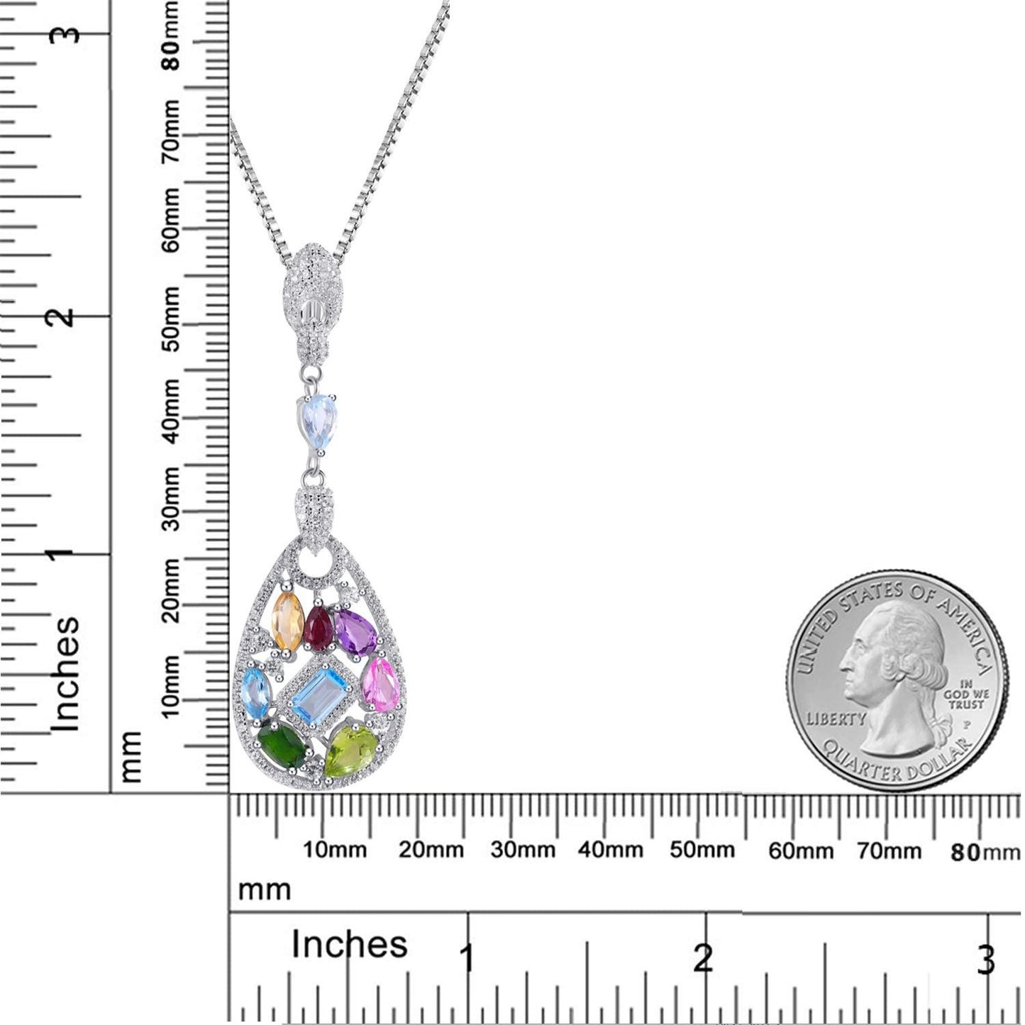 Collar con colgante de lágrima de topacio azul natural y piedras preciosas multicolores, diseño original artesanal de Kemstone | Plata de ley S925 | Cadena de 45 cm