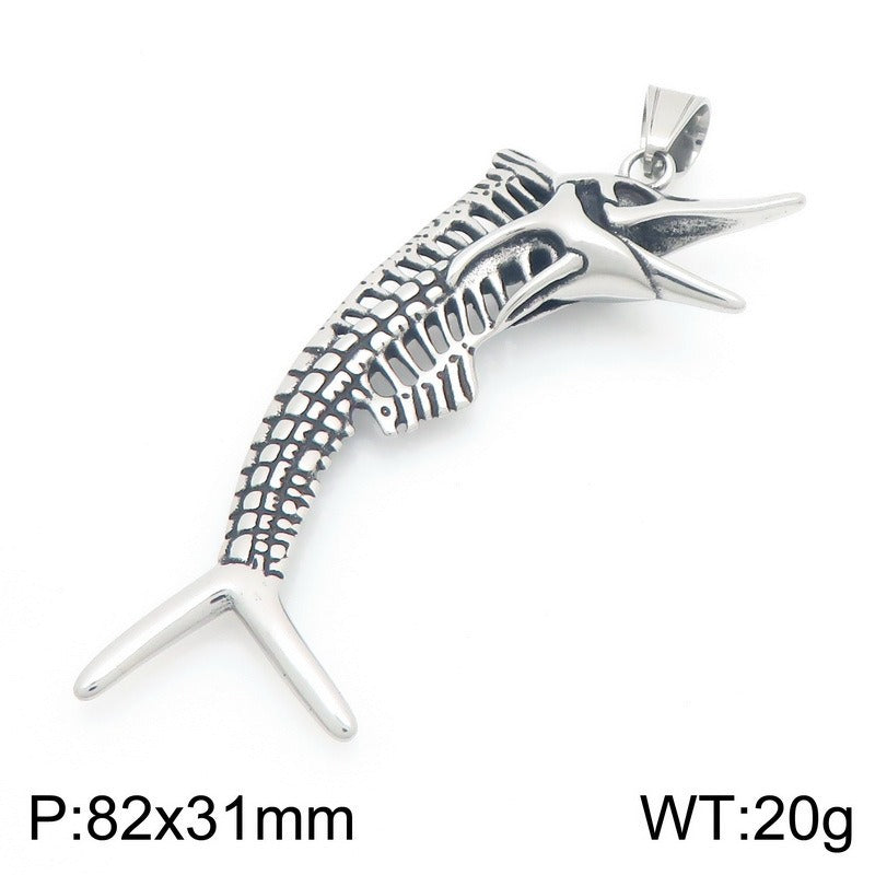 Kemstone Titanium Steel Octopus Fish Bone Pendant Necklace for Men Punk Ocean Animal Vintage Oxidized Silver KP117754-LU