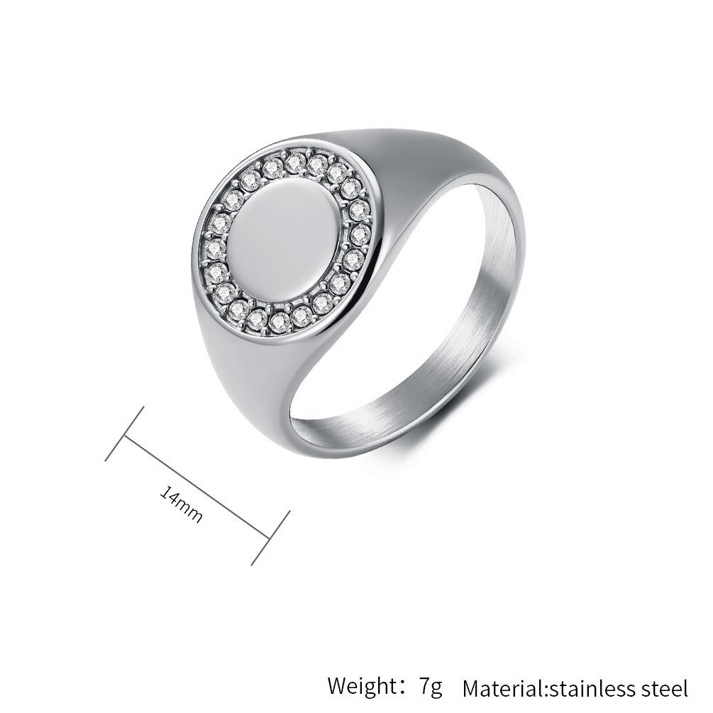 Kemstone Stainless Steel Round Signet Ring with Cubic Zirconia Halo for Men & Women Gold Silver K-R1137
