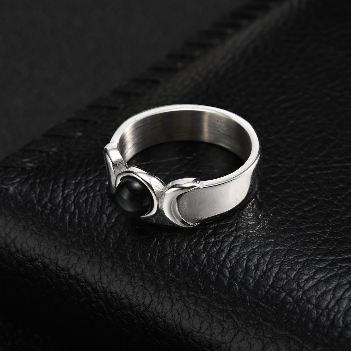 Kemstone Black Onyx Ring for Men Stainless Steel Twin Crescent RC-1171