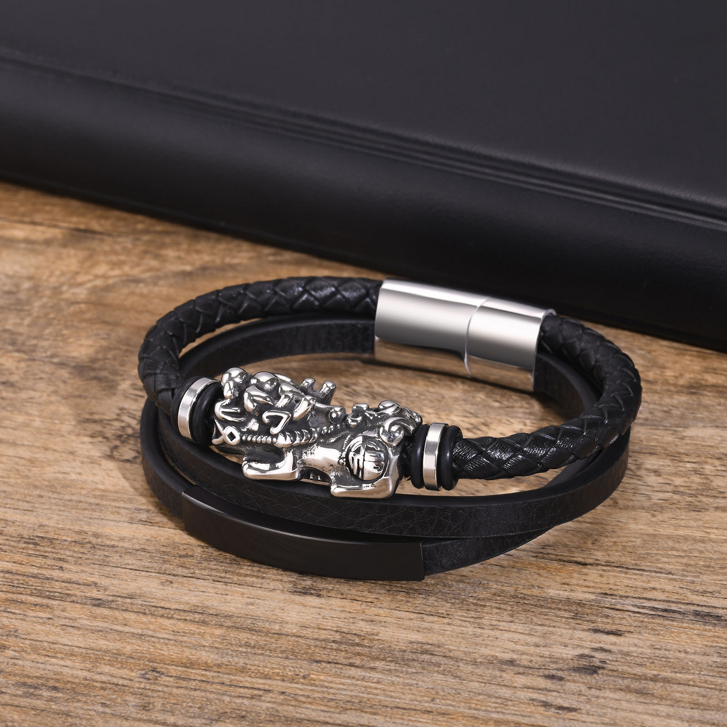Kemstone Men’s Black Leather Bracelet – Triple-Layer Band with Stainless Steel Pixiu Charm BL-681