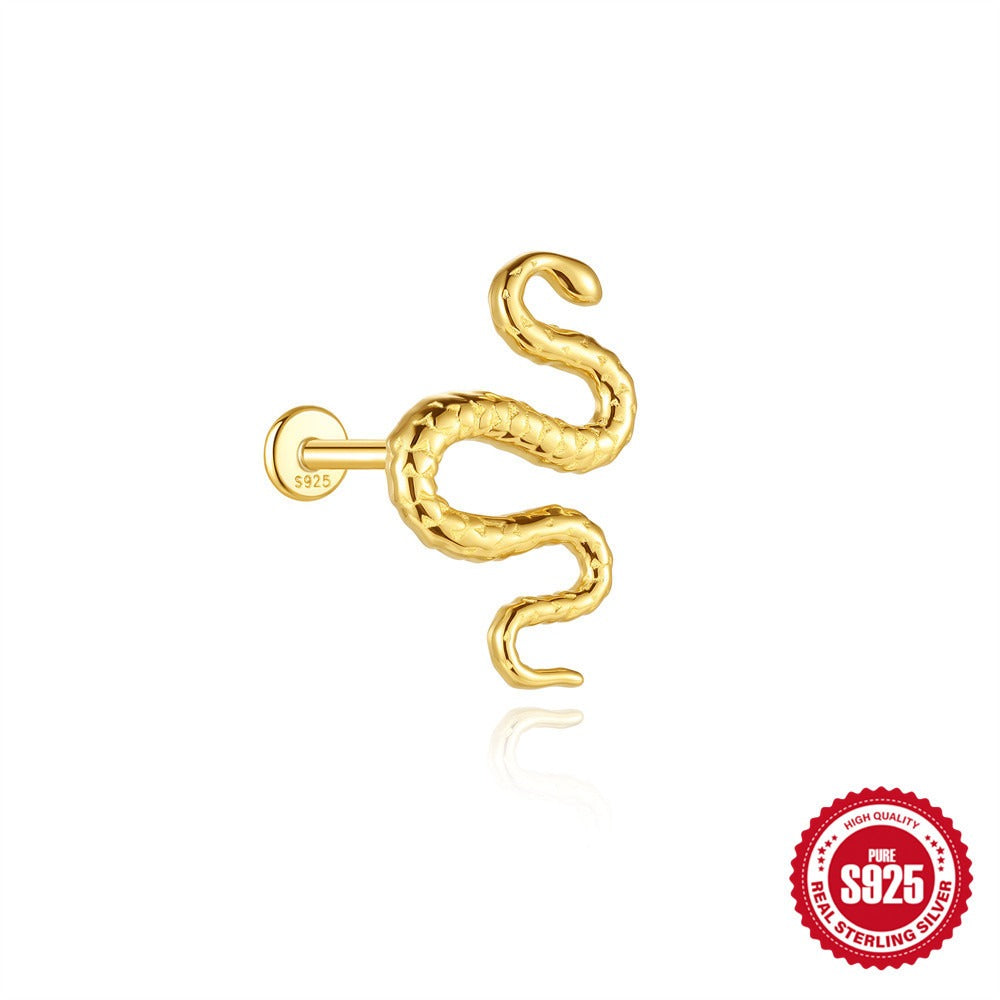 Kemstone 925 Sterling Silver Snake Cartilage Stud for Women Flat Back Piercing Earring Gold 60267192110C