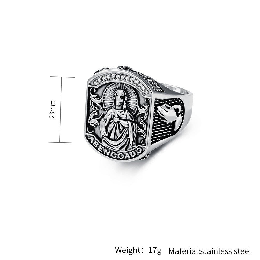 Kemston Baroque Engraved Signet Ring for Men Stainless Steel Gothic Vintage Relief Figure K-R1187