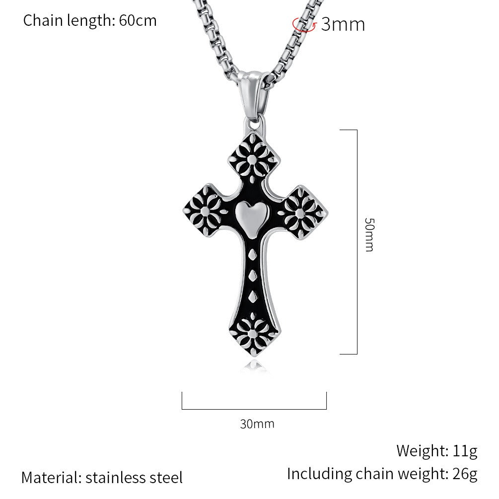 Kemstone Stainless Steel Heart Cross Pendant Necklace for Men Vintage Black Silver K-PT568
