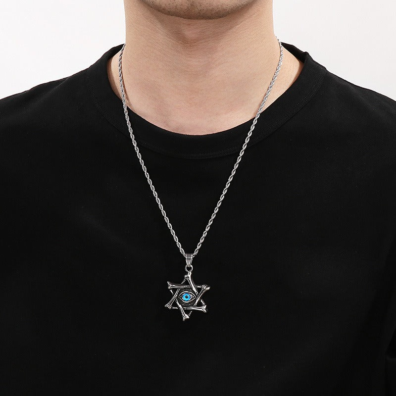 Kemstone Punk Triangle Chain Pendant - Vintage Hexagram Evil Eye Stainless Steel Necklace, Retro Bohemian Men's Fashion Accessory KP119884-MI
