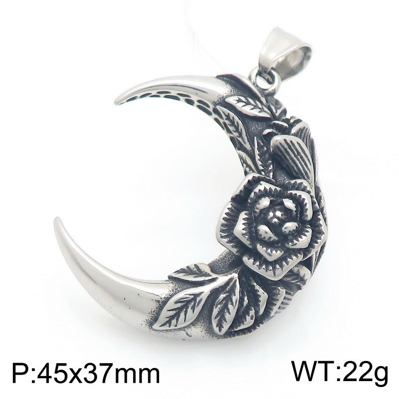 Kemstone Crescent Moon Pendant Necklace Titanium Steel Carved Floral Gothic Style for Men KP117749-LU