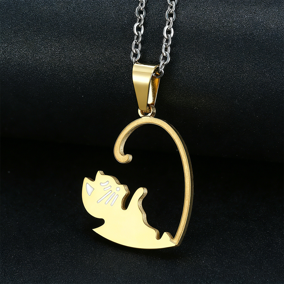 Kemston Titanium Steel Cat Couple Necklace Black White Heart 55cm TN0197