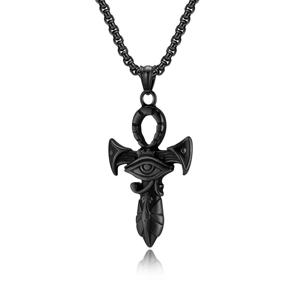 Kemstone Stainless Steel Horus Eye Ankh Cross Pendant Necklace for Men - Vintage Design K-PT507