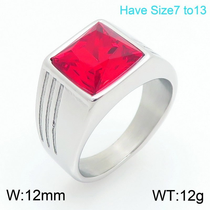Kemstone Titanium Steel Square Red Stone Signet Ring for Men Vintage Gold Silver KR114482-MZOZ