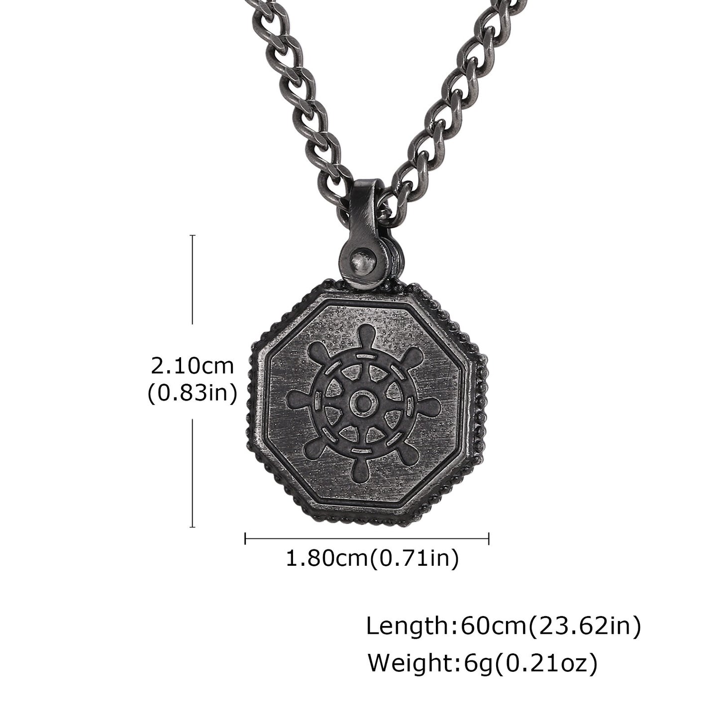Kemston Octagon Ship Wheel Pendant Necklace for Men Stainless Steel Vintage Silver PN-2398