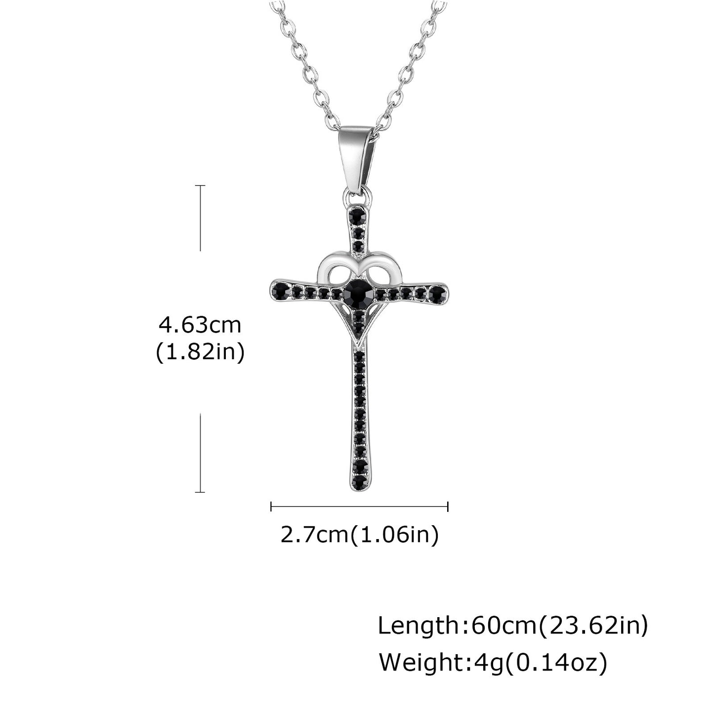 Kemstone Cross Pendant Necklace for Men Stainless Steel Black Cubic Zirconia Heart Curve Chain PN-2268S