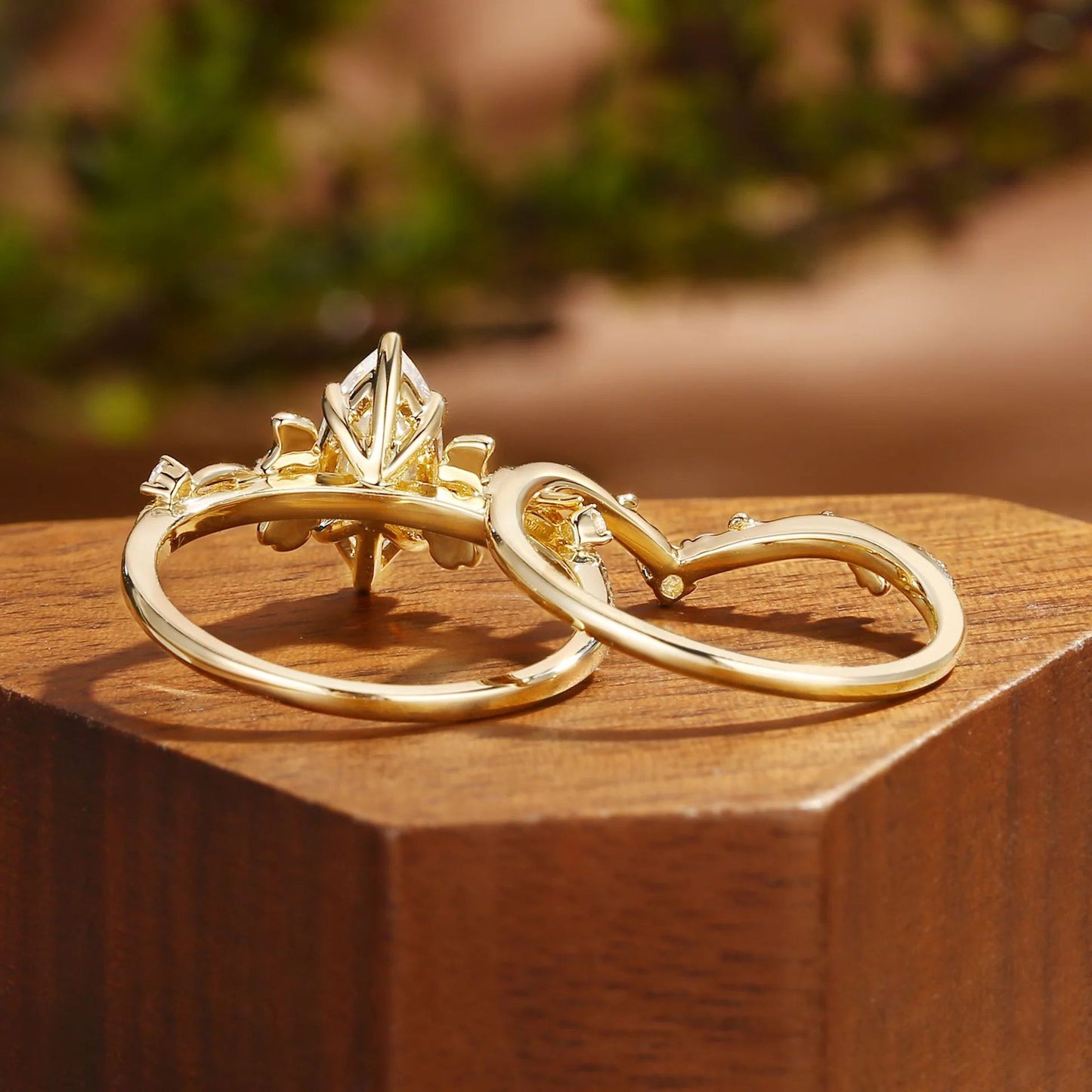 Kemstone Marquise Moissanite Floral Ring Set for Women – S925 Silver 18K Gold Plated Stackable Engagement Ring T7-YC0306RS