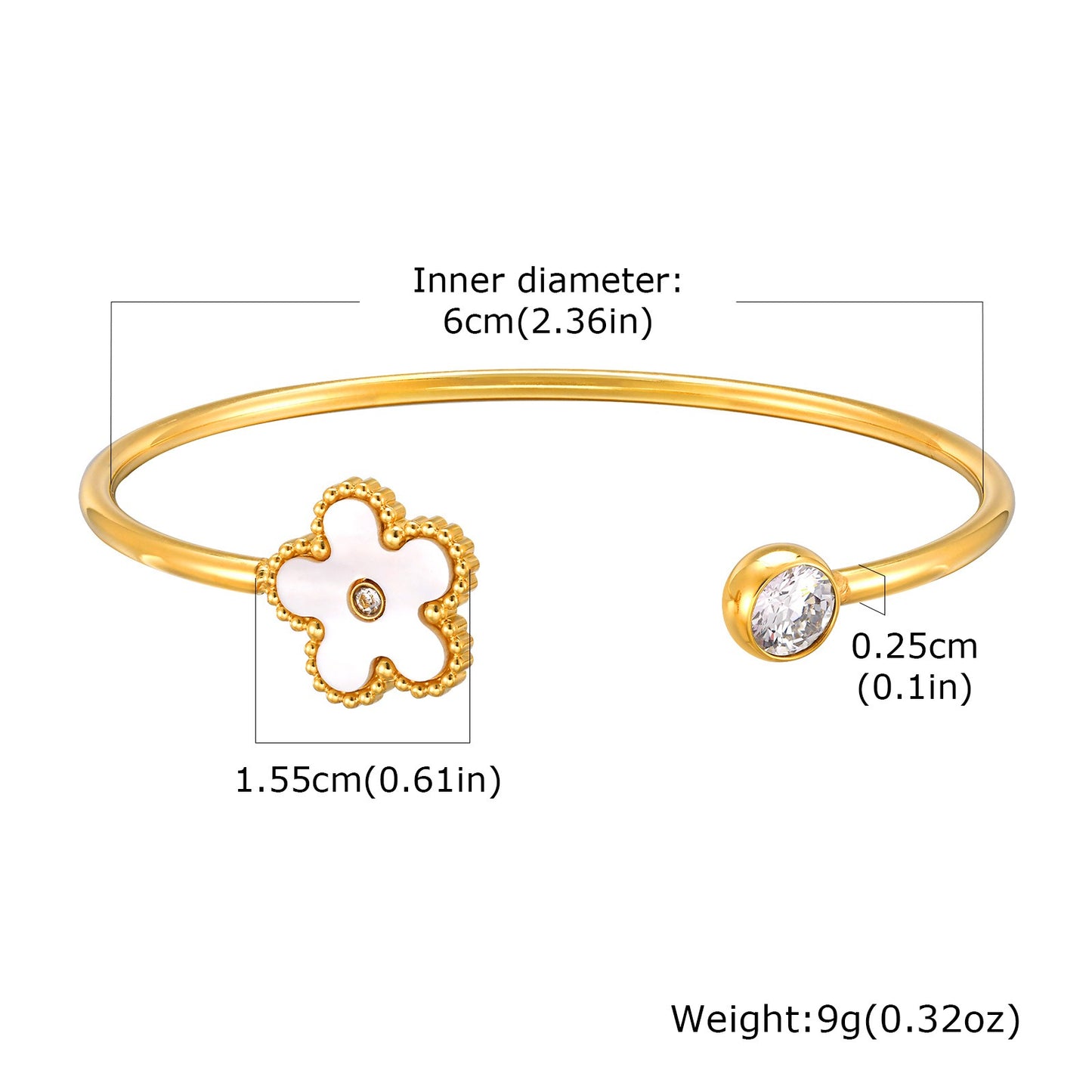 Stainless Steel Floral Open Bangle with Zirconia & Mother-of-Pearl Accents – Golden-Tone Wrist Elegance for Everyday Grace B-607