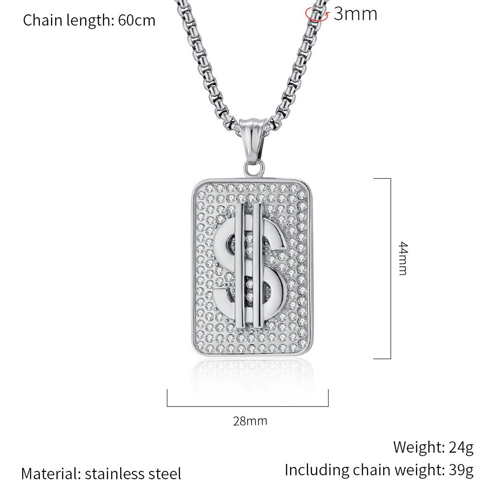 Kemstone Men’s Titanium Steel Dollar Sign Pendant Necklace – Hip Hop Iced Out Style K-PT602