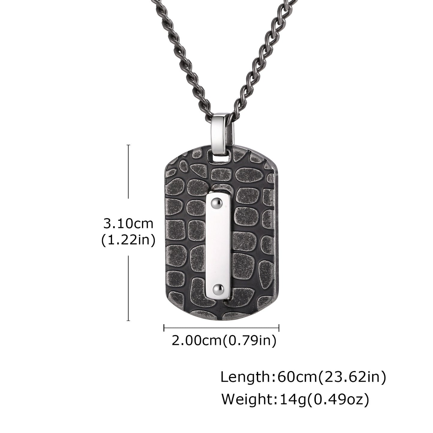 Kemston Textured Rectangular Pendant Necklace for Men Stainless Steel Polished Bar PN-2396GR