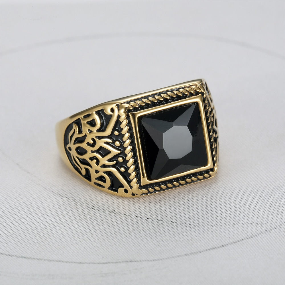 Kemstone Square Cubic Zirconia Ring for Men Stainless Steel Engraved Vintage TR0280