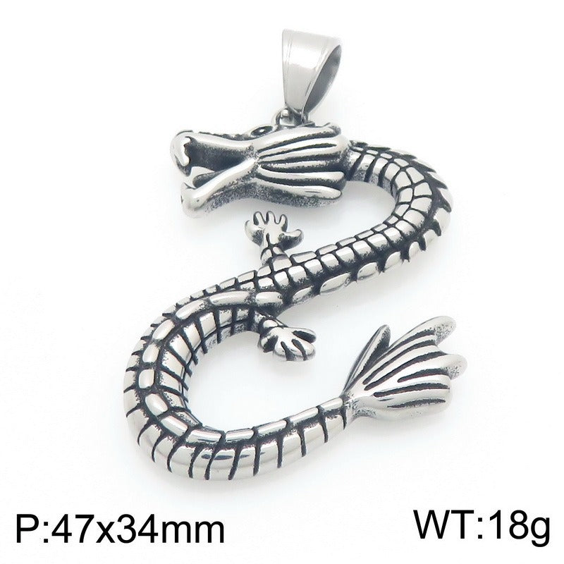 Kemstone Dragon Pendant Necklace for Men Titanium Steel Vintage Oxidized Silver Animal Chain KP117731-LU