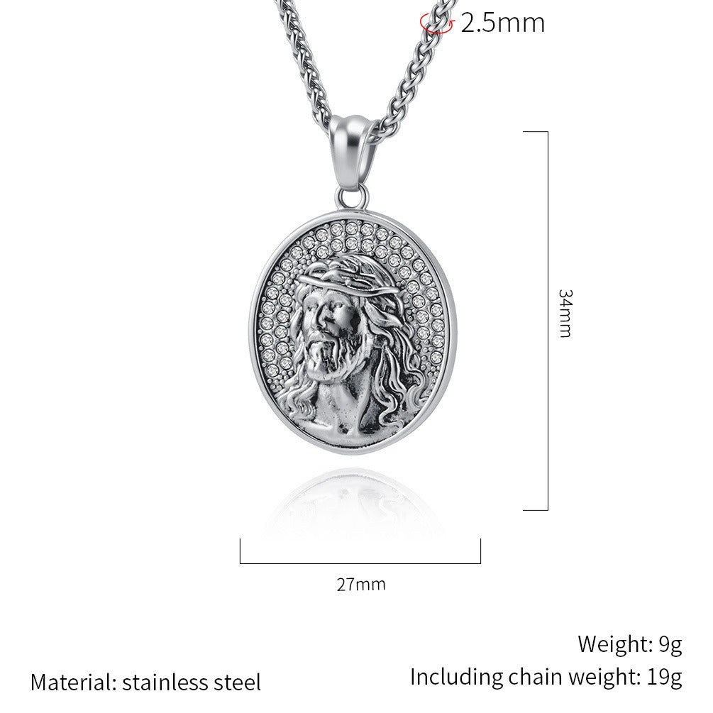 Kemston Stainless Steel Oval Portrait Pendant Necklace for Men Vintage Thorn Detail K-PT730
