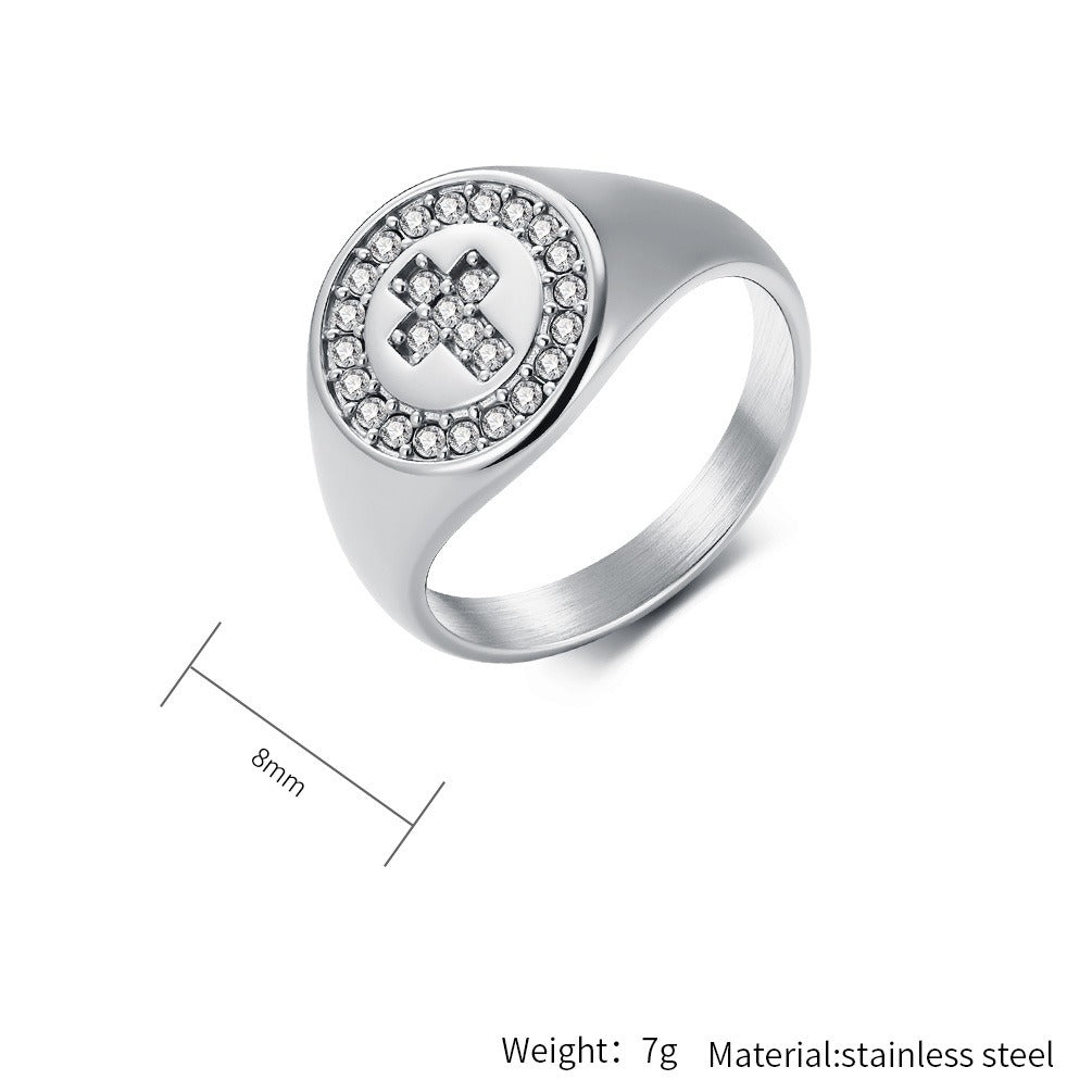 Kemstone Stainless Steel Cross Signet Ring with Cubic Zirconia Halo for Men & Women Gold Silver K-R1139